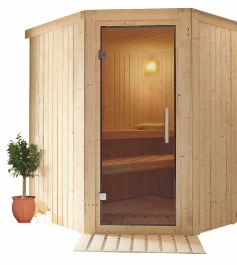 Finská sauna Tuula 2 s lavicemi v různých výškách pro pohodlný přesun mezi teplotními úrovněmi, cena 34 490 Kč, www.mountfield.cz