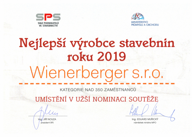 Wienerberger se stal vítězem v soutěži Nejlepší výrobce stavebnin roku 2019