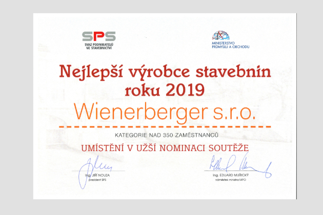 Wienerberger se stal vítězem v soutěži Nejlepší výrobce stavebnin roku 2019