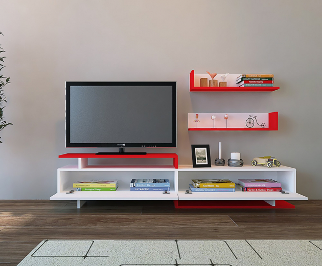 Bílá TV stěna s červenými prvky Ayaz (Mobito Design), dřevotříska potažená PVC, cena na dotaz, www.bonami.cz