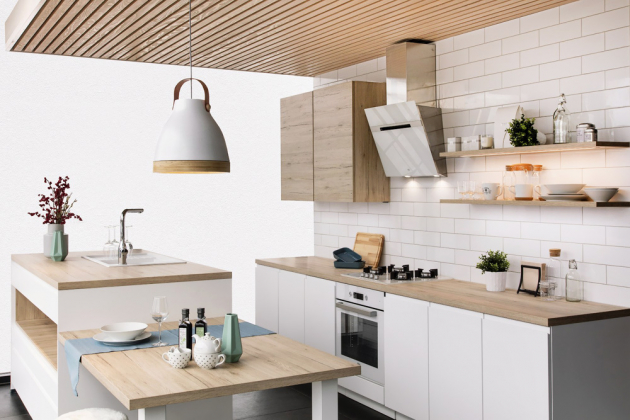 Kuchyňská sestava z řady skandinávsky laděných kuchyní (Siko) má na ostrůvku umístěný dřez v ergonomické vyšší úrovni, materiál lamino/bílá a dřevodekor, www.siko.cz