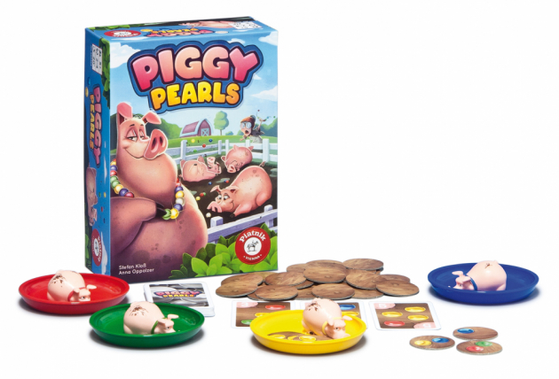 PIGGY PEARLS Vzrušující a rychlá hra pro 2-4 hráče od 5 let, která trénuje rychlost a postřeh. Prasátka hledají drahocenné perly, které spadly do bláta. Hráči otáčejí destičky s blátem a hledají ty, co mají vespod barevné perly, a to ve stejné kombinaci, jako na třech vyložených kartách.