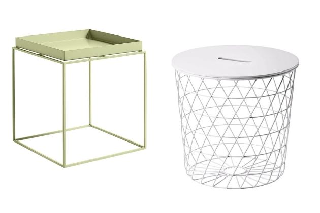 Odnímatelný podnos má lakovaný ocelový stolek z kolekce Tray Table (Hay), více barev, 44 × 40 × 40 cm, cena 4 690 Kč, www.designville.cz, Stolek Kvistbro (IKEA) s úložným prostorem, konstrukce z oceli, deska z dřevotřísky, výška 42 cm, O 44 cm, cena 699 Kč, www.ikea.cz 