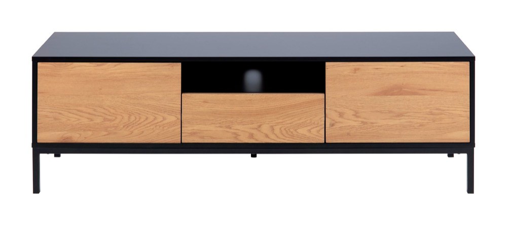 Dubový TV stolek Darila (Scandi), dýha, dřevotříska, kov, 140 × 40 × 45 cm, výška podnože 15 cm