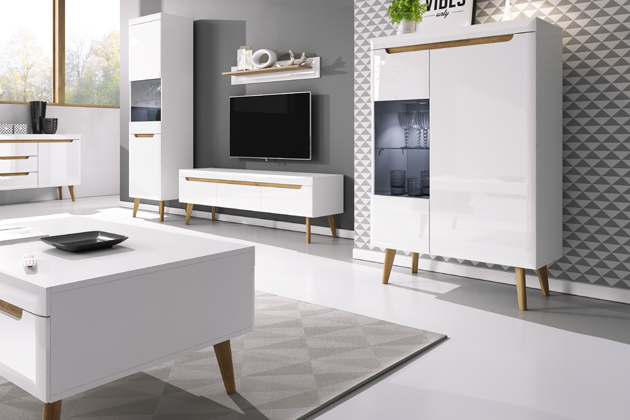 TV stolek Erna, bílý lesk, dub riviéra, 160 × 50 × 40 cm, MDF a LDTD, úložný prostor