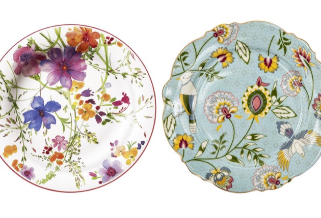 Vlevo: Mariefleur basic (Villeroy and Boch) salátový talíř, porcelán, Ø 21 cm. Vpravo: dezertní talíř z kolekce Flower Ori (Clayre and Eef), porcelán, Ø 20 cm