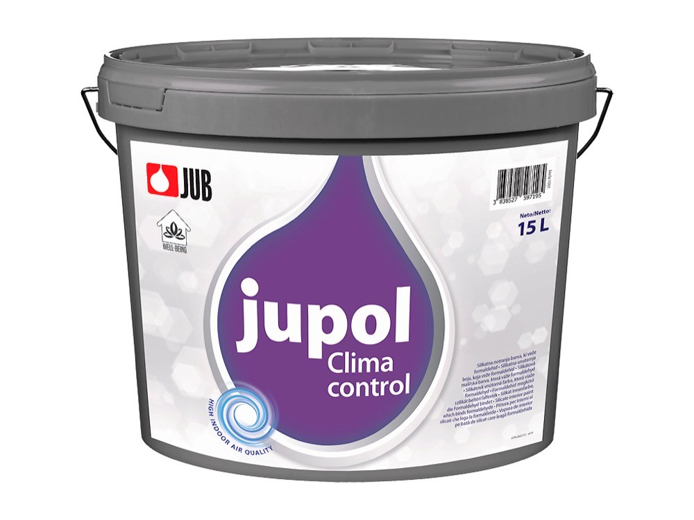 Vodou ředitelná silikátová malířská barva JUPOL Clima control aktivně pohlcuje formaldehyd, a pomáhá tak vytvářet zdravé vnitřní klima v obytných a pobytových místnostech