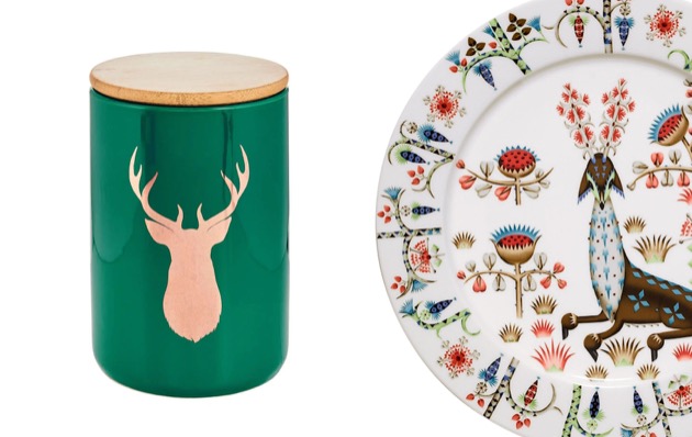 Keramická dóza s bambusovým víčkem (Butlers) a jídelní porcelánový talíř Taika Siimes (Iittala