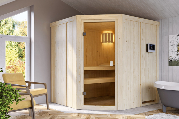 Klasická sauna Karibu Tobi včetně 9kW kamen (bez střešního věnce) s pobronzovanými celoskleněnými dveřmi, cena 49 750 Kč