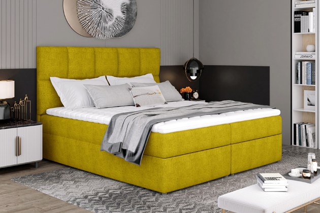 Boxspring postel Grass s úložným prostorem, 200 × 185 cm, žlutá žinylka, cena 22 499 Kč