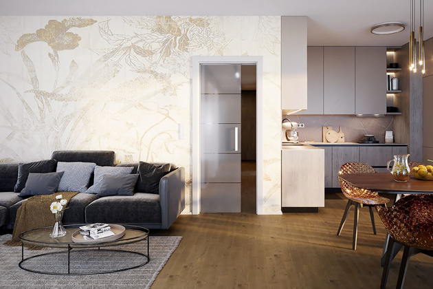 Jednokřídlé skleněné dveře Interier Glass v provedení Stripe 1 s posuvem do pouzdra, www.vekra.cz