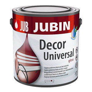 Vodou ředitelná akrylátová barva Jubin Decor Universal na dřevo a kov, určená k dekorativní ochraně povrchu, ekologická, rychleschnoucí, bez nepříjemného zápachu