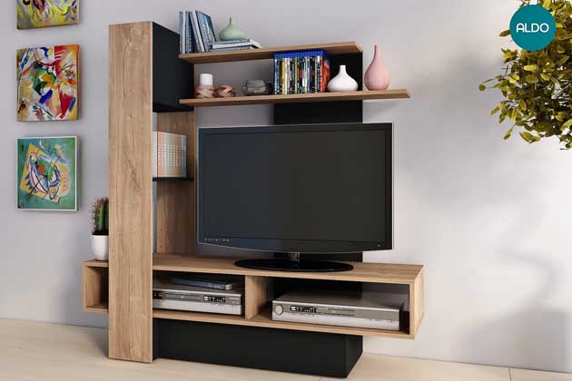 Obývací stěna s TV stolkem Sky, provedení dub a černá, cena 6 511 Kč