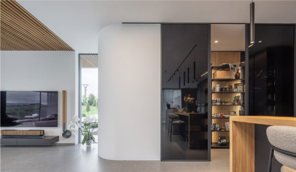 Dřevěný lamelový podhled				Dveře IDEA v posuvu do stropu PREMIUM