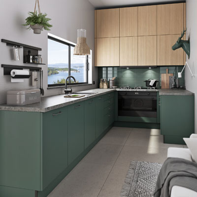 Sestava, kombinace tabulové zelené v matném provedení s dekorem světlého dřeva a kamene na pracovní desce