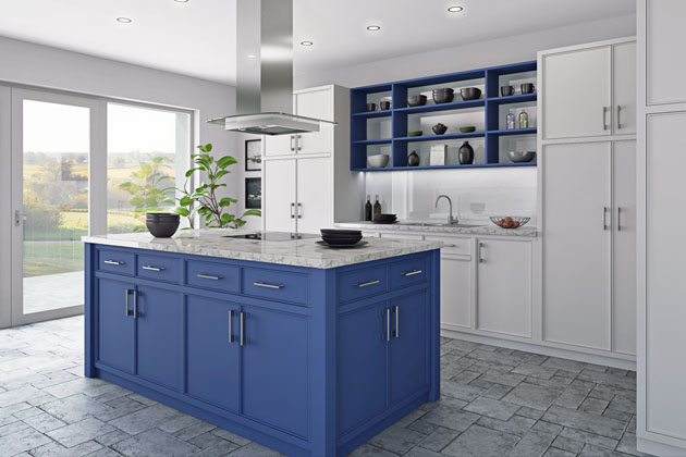 Sestava v provedení T-lack, kombinaci modré barvy s bílou oživuje šedý dekor mramoru na pracovní desce a šedivá dlažba