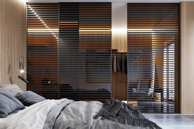 Stavební pouzdro NORMA UNIBOX – dvoje jednokřídlé dveře uzavírají dvě vedle sebe sousedící místnosti. Každé křídlo jezdí samostatně.