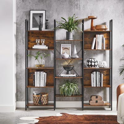 Třídílná knihovna Vasagle kombinuje  kov a dřevotřísku, 158 × 24 × 166 cm,  cena 2 599 Kč