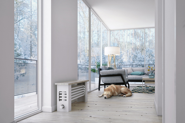 Neobvyklý radiátor v podobě topné lavice Atol osazený masivní bukovou deskou, cena na dotaz