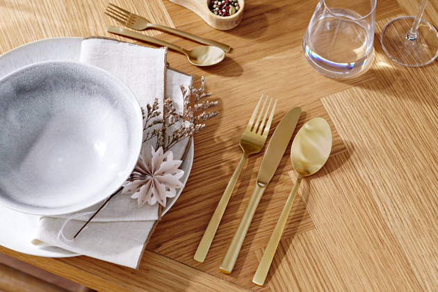 Příbory z vysoce kvalitní nerezové oceli, povrch odolný proti poškrábání v odstínu Champagne, cena 1 290 Kč / 16 ks