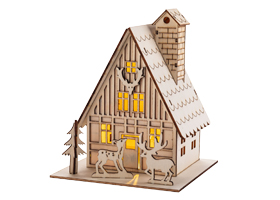 Dekorace v podobě stylové hájovny, osvětlená LED žárovkami, dřevěná překližka, 13 × 13 cm, výška 16,5 cm, cena 199 Kč