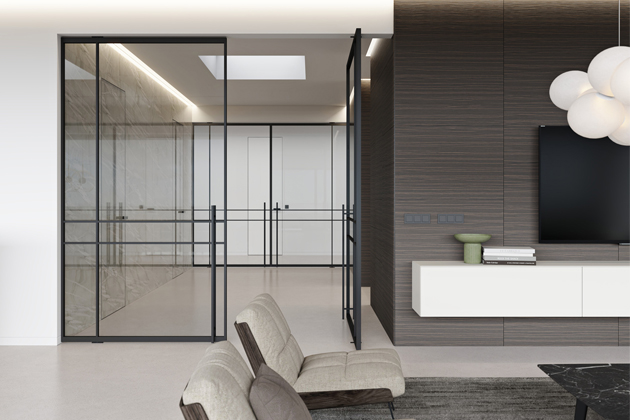 Otočné dveře DIVALINE, dvoukřídlé, čiré sklo, obklad EFEKTA s dýhou Latho