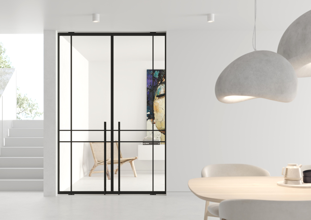 Otočn&eacute; dveře DIVALINE dvoukř&iacute;dl&eacute;, RAL 9005, madlo HH1200, čir&eacute; sklo