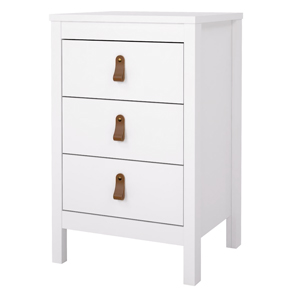 Nočn&iacute; stolek Real z&nbsp;b&iacute;l&eacute;ho lamina s&nbsp;kožen&yacute;mi &uacute;chytkami, cena 2&nbsp;990&thinsp;Kč