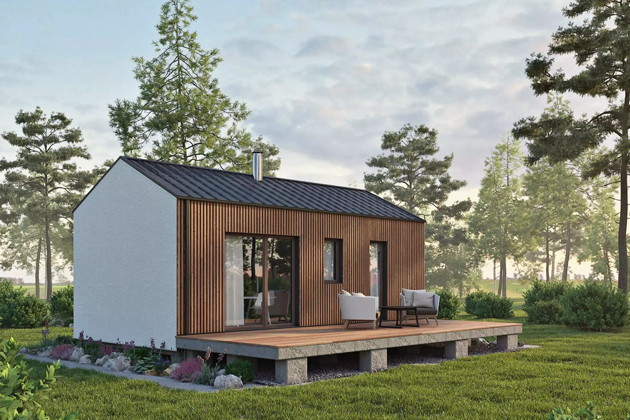 N&iacute;zkoenergetick&yacute; domek k převozu Easy 32, plnohodnotn&aacute; stavba splňuj&iacute;c&iacute; požadavky na stavby k trval&eacute;mu bydlen&iacute;
