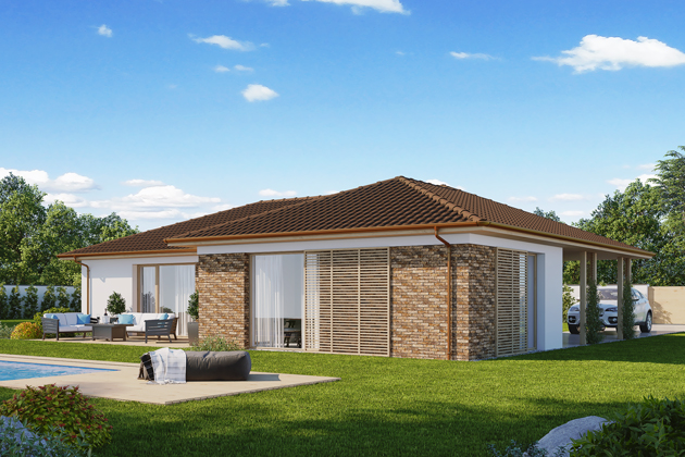 Jednopodlažn&iacute; rodinn&yacute; dům Krist&yacute;na 55 C, dispozice 5+kk, zastavěn&aacute; plocha 134,03 m2, tepeln&eacute; čerpadlo, www.ekonomicke-stavby.cz 