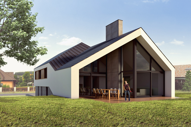 N&iacute;zkoenergetick&yacute; dům se sedlovou střechou a tř&iacute;&uacute;rovňovou strukturou, zastavěn&aacute; plocha 195 m2