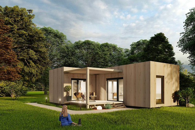 Modulov&yacute; dům Double L, dva moduly, 2+kk, užitn&aacute; plocha 36 m2, rozměry domu 9,9 &times; 6,5 m