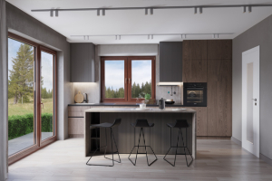 Okna VEKRA NATURA dřevo meranti lazura afromosia, int. dveře Interier ELEMENT bílý lak RAL 9016, sklo Matelux