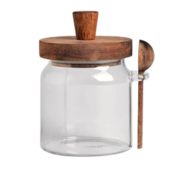 Skleněn&aacute; cukřenka, borosilik&aacute;tov&eacute; sklo, dřevěn&eacute; v&iacute;čko a lžička, cena 499 Kč, 