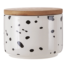 Potravinov&aacute; d&oacute;za Speckled, keramika a dřevo, &Oslash; 11 cm, v&yacute;&scaron;ka 9 cm, cena 269 Kč,