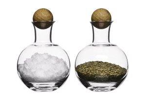 Sada kořenek Eden, foukan&eacute; sklo, dubov&aacute; z&aacute;tka, cena 699 Kč