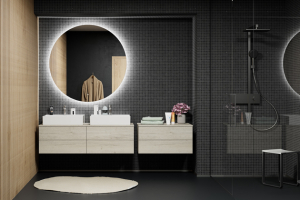 Umyvadlová skříňka, MODULE 140, 2×umyvadlo Kube 60, doplňková skříňka pod desku 80, odkládací deska 80, zrcadlo LUNEO 120