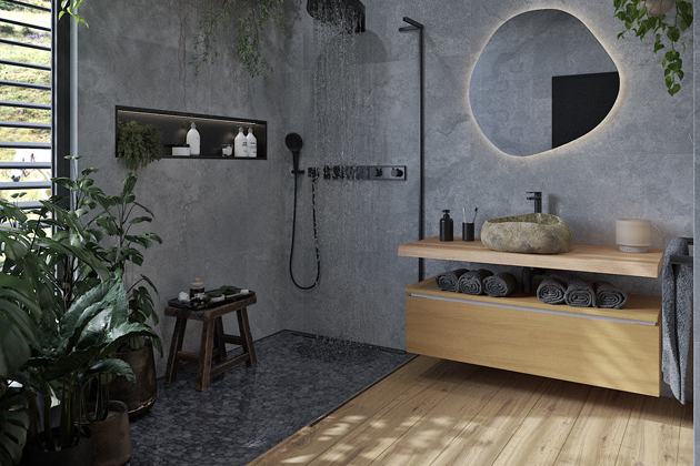 Koupelna na kl&iacute;č Hermes Gris, sprcha, z&aacute;stěna walk-in, zrcadlo se senzorem a kamenn&eacute; umyvadlo (SAT), dlažba (Geotiles)