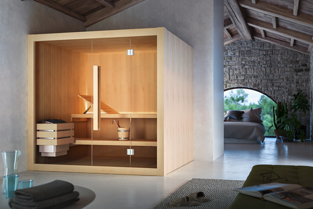 Finsk&aacute; sauna Hoshi dostupn&aacute; v 9 rozměrech, standardn&iacute; v&yacute;&scaron;ka 198 cm, integrovan&aacute; sklopn&aacute; opěrka hlavy, kamna s integrovan&yacute;m ovl&aacute;d&aacute;n&iacute;m, kanadsk&yacute; jedlovec