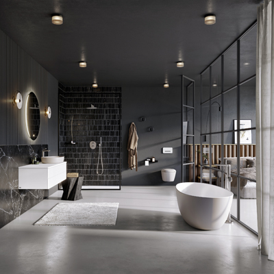 Sanita a n&aacute;bytek z kolekce Antao, souč&aacute;st&iacute; s&eacute;rie jsou i armatury, toalety a designov&eacute; zrcadlo s nastavitelnou intenzitou světla a pozvoln&yacute;m stm&iacute;v&aacute;n&iacute;, kter&eacute; může b&yacute;t i souč&aacute;st&iacute; inteligentn&iacute; dom&aacute;cnost
