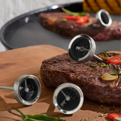 Pro kontrolu stupně propečen&iacute; hověz&iacute;ho masa jsou vhodn&eacute; BBQ teploměry, cena 399 Kč / 4 ks, www.tchibo.cz