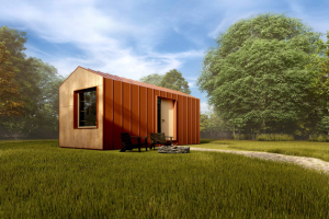Nízkoenergetický tiny house Domeczech PLUS o rozloze 21 m2 se sedlovou střechou a dostatkem přirozeného světla, vhodný pro celoroční užívání, modulová konstrukce a maximální flexibilita, www.domeczech.com