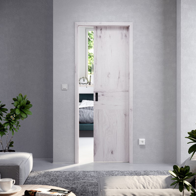 Posuvn&eacute; dveře Tenga (SAPELI), varianta 28, dřevěn&aacute; d&yacute;ha dub tr&aacute;mov&yacute;, olej Nordic White, mu&scaron;le Minimal
