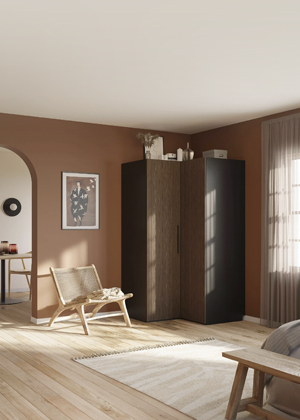 Modul&aacute;rn&iacute; rohov&aacute; skř&iacute;ň Simone, dv&iacute;řka MDF, vzhled ořechov&eacute;ho dřeva, &scaron;&iacute;řka 115&thinsp;cm, v&yacute;&scaron;ka 200&thinsp;cm,  cena 40&nbsp;799&thinsp;Kč