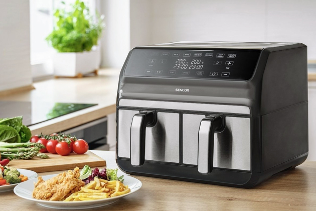 Dvojit&aacute; horkovzdu&scaron;n&aacute; frit&eacute;za Vita SFR 9500SS, objem 2&times; 4&thinsp;l, možnost využit&iacute; dvou různ&yacute;ch teplot současně, cena 3 999 Kč, 